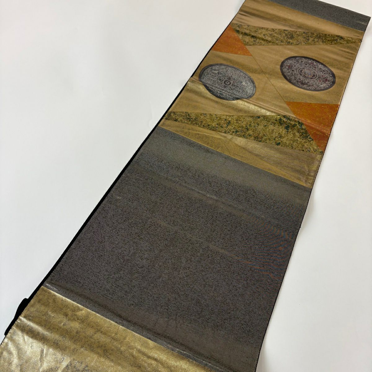 【美品】 袋帶 秀品級 關西仕立 雙面琵琶 鏡裏文 螺鈿 金金箔 金色 大鼓圖案 純蠶絲