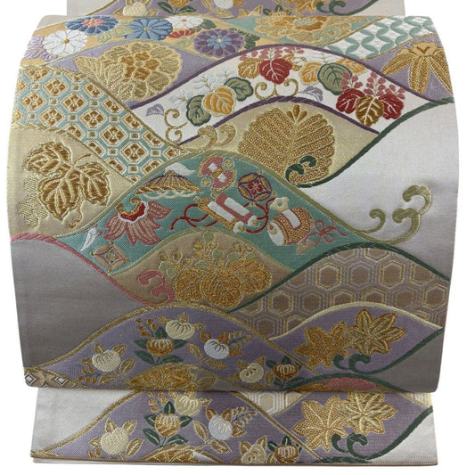 袋帶 秀品級 有落款 關西仕立 松樹竹子梅花 寶盡くし 金絲 刺繡 奶油色 六通 純蠶絲
