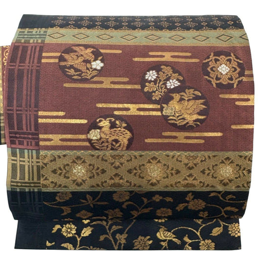 【美品】 名古屋帶 秀品級 花鳥 動物 金金箔 金絲 黑 純蠶絲