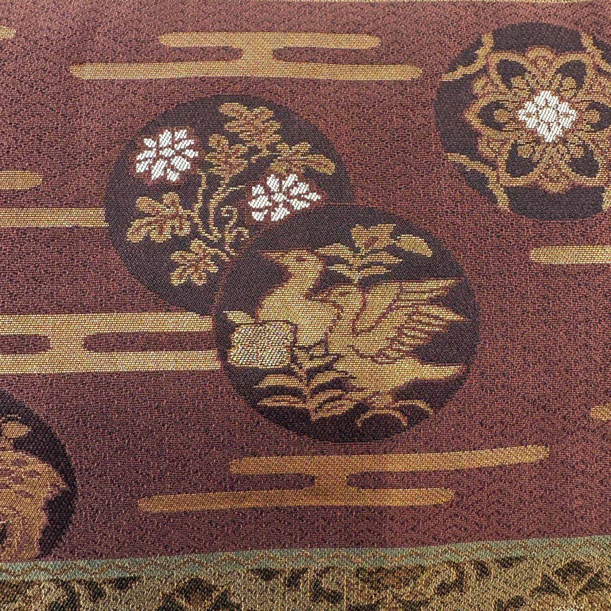 【美品】 名古屋帶 秀品級 花鳥 動物 金金箔 金絲 黑 純蠶絲