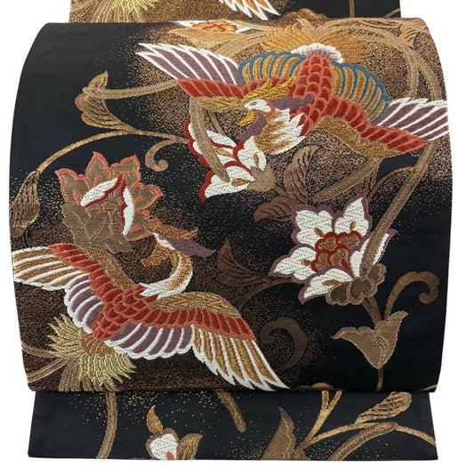 袋帶 秀品級 向鳥 草花紋刺繡 金金箔 黑 六通 純蠶絲
