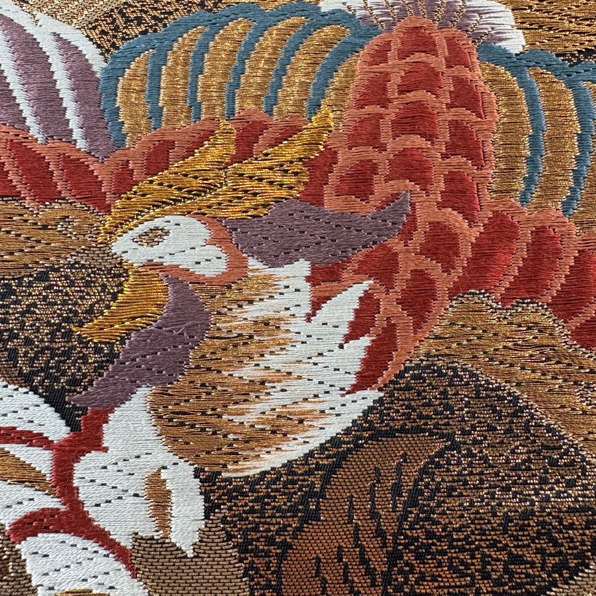 袋帶 秀品級 向鳥 草花紋刺繡 金金箔 黑 六通 純蠶絲
