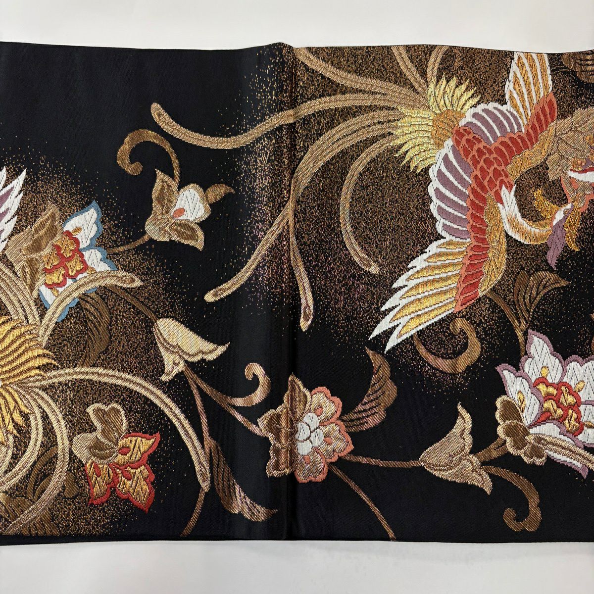 袋帶 秀品級 向鳥 草花紋刺繡 金金箔 黑 六通 純蠶絲