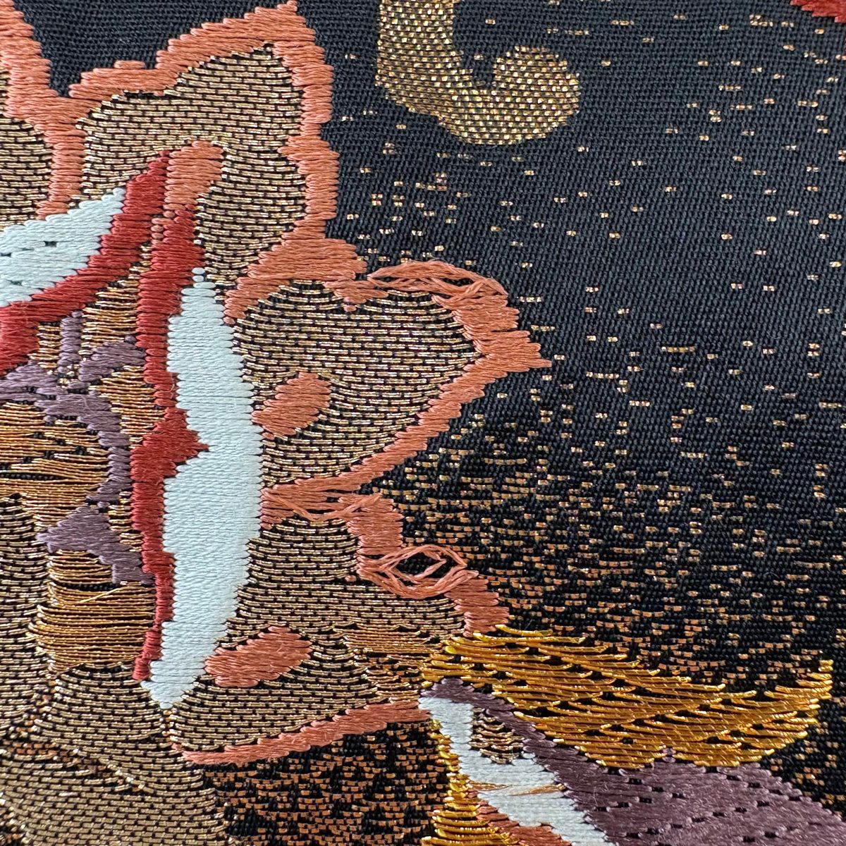 袋帶 秀品級 向鳥 草花紋刺繡 金金箔 黑 六通 純蠶絲