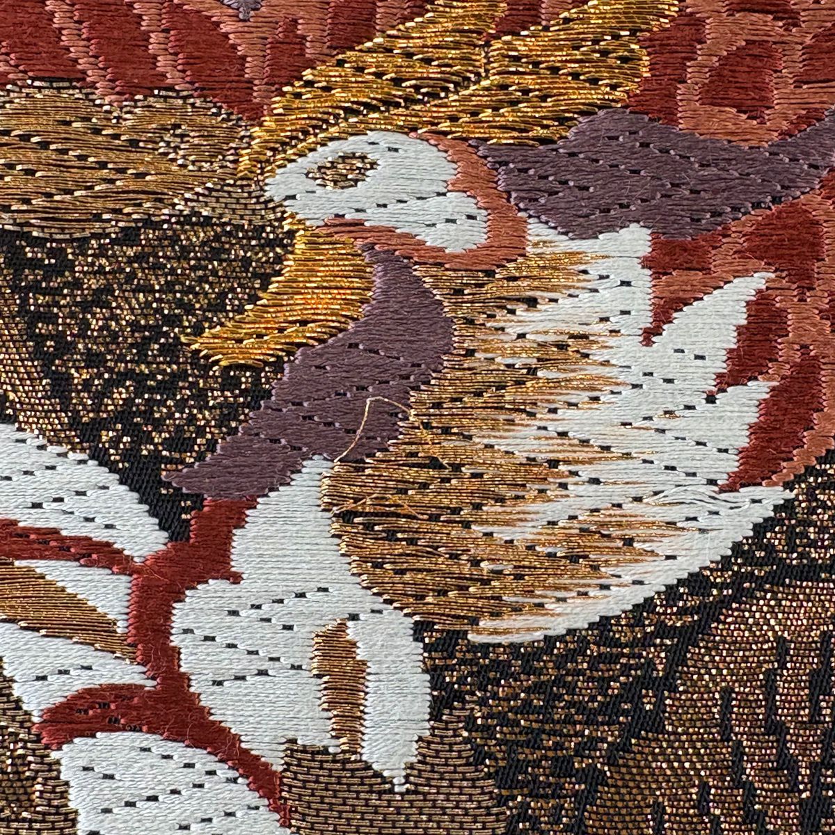 袋帶 秀品級 向鳥 草花紋刺繡 金金箔 黑 六通 純蠶絲