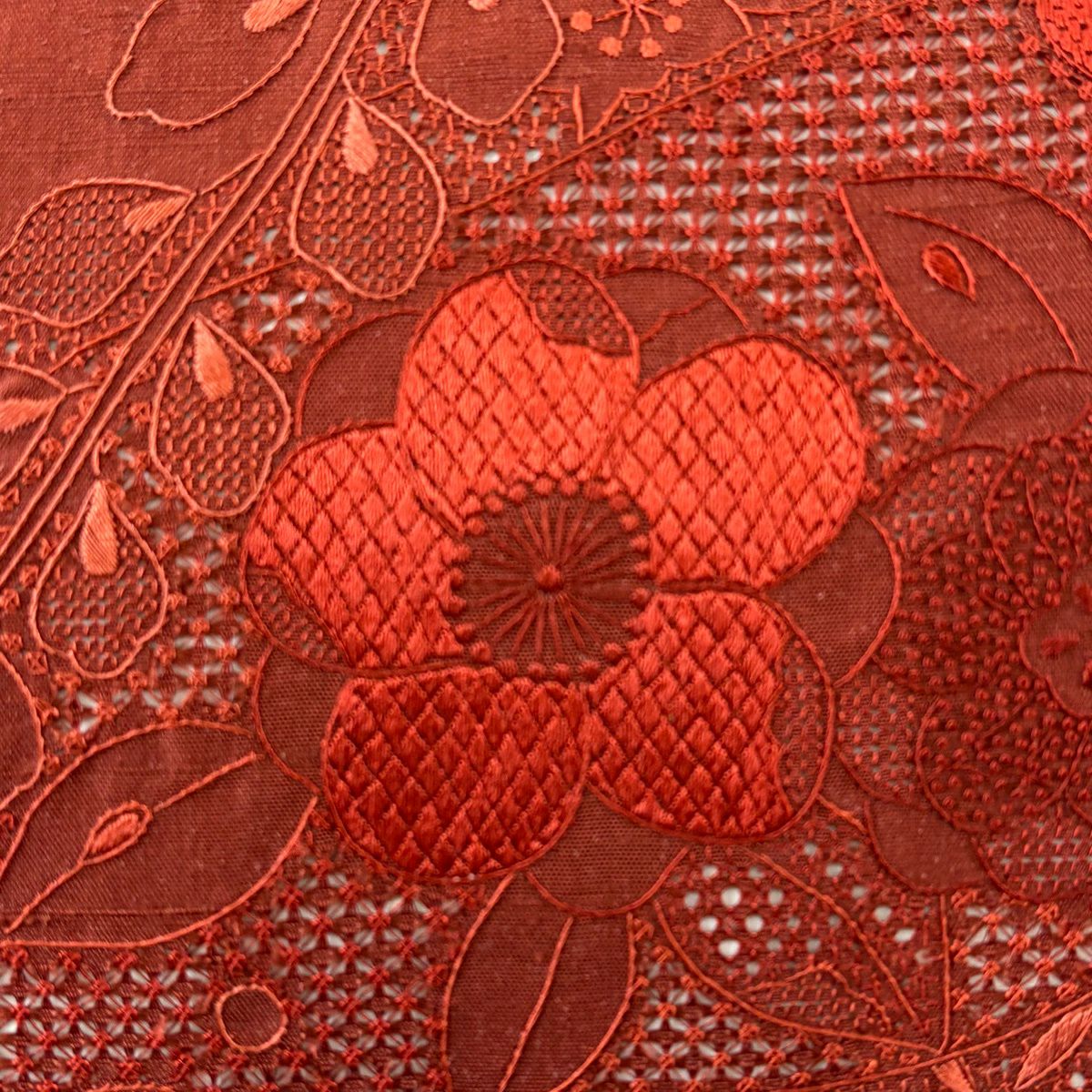 袋帶 秀品級 紬織織 草花紋紋 七寶紋 刺繡 紅茶 お太鼓柄 純蠶絲