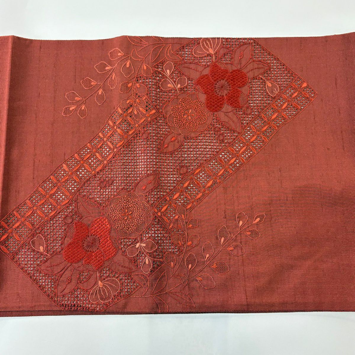 袋帶 秀品級 紬織織 草花紋紋 七寶紋 刺繡 紅茶 お太鼓柄 純蠶絲