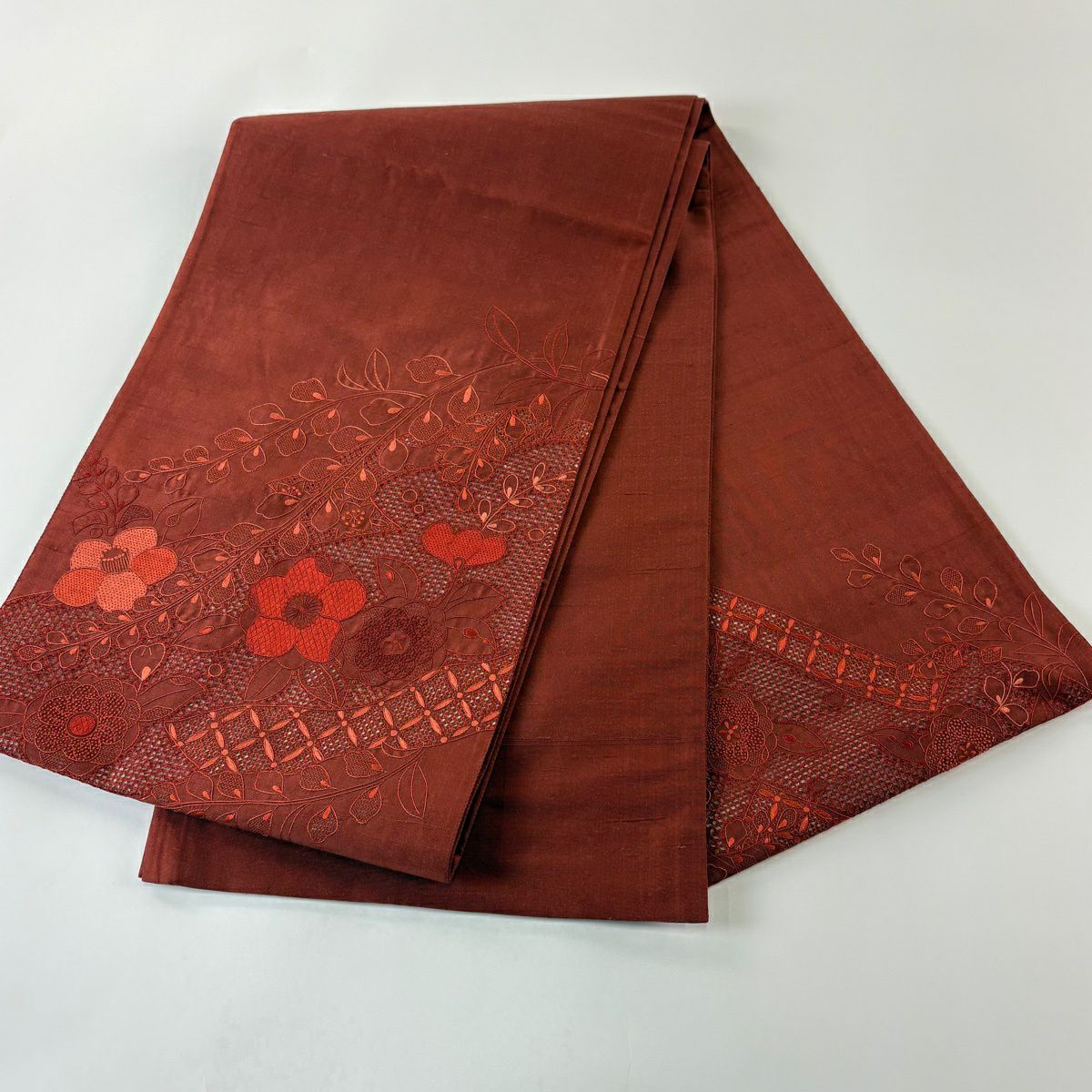 袋帶 秀品級 紬織織 草花紋紋 七寶紋 刺繡 紅茶 お太鼓柄 純蠶絲