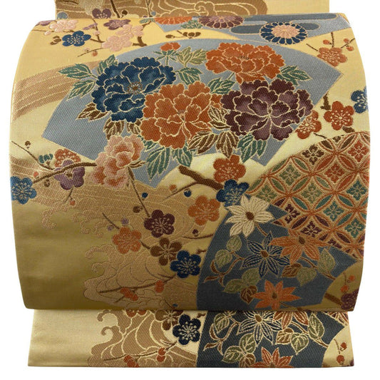 袋帶 秀品級 草花紋紋 扇子面 金金箔 米色 六通 純蠶絲
