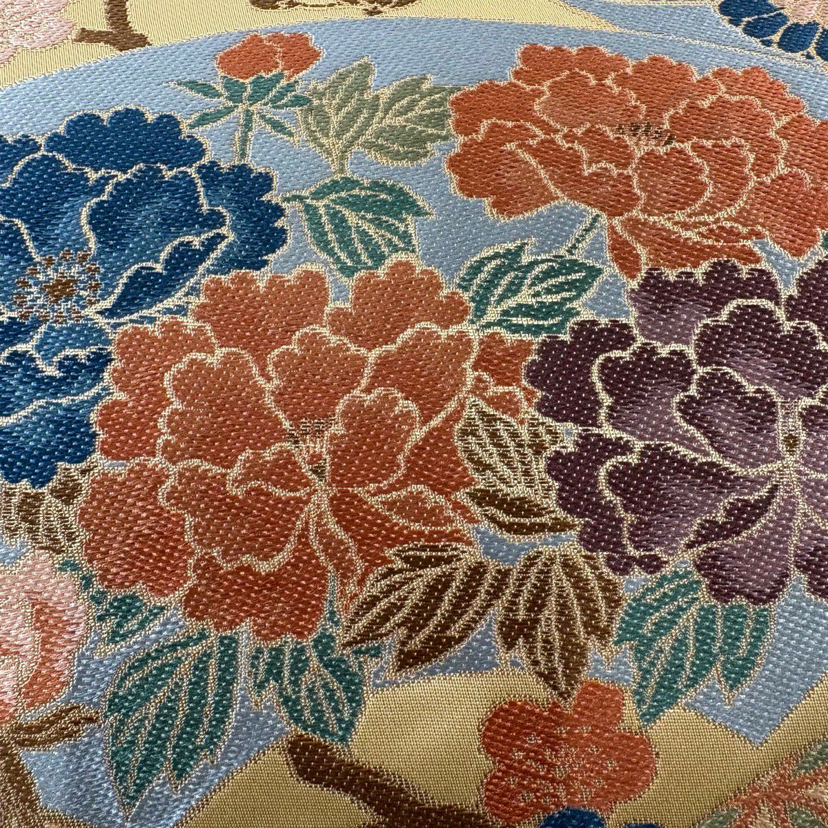 袋帶 秀品級 草花紋紋 扇子面 金金箔 米色 六通 純蠶絲