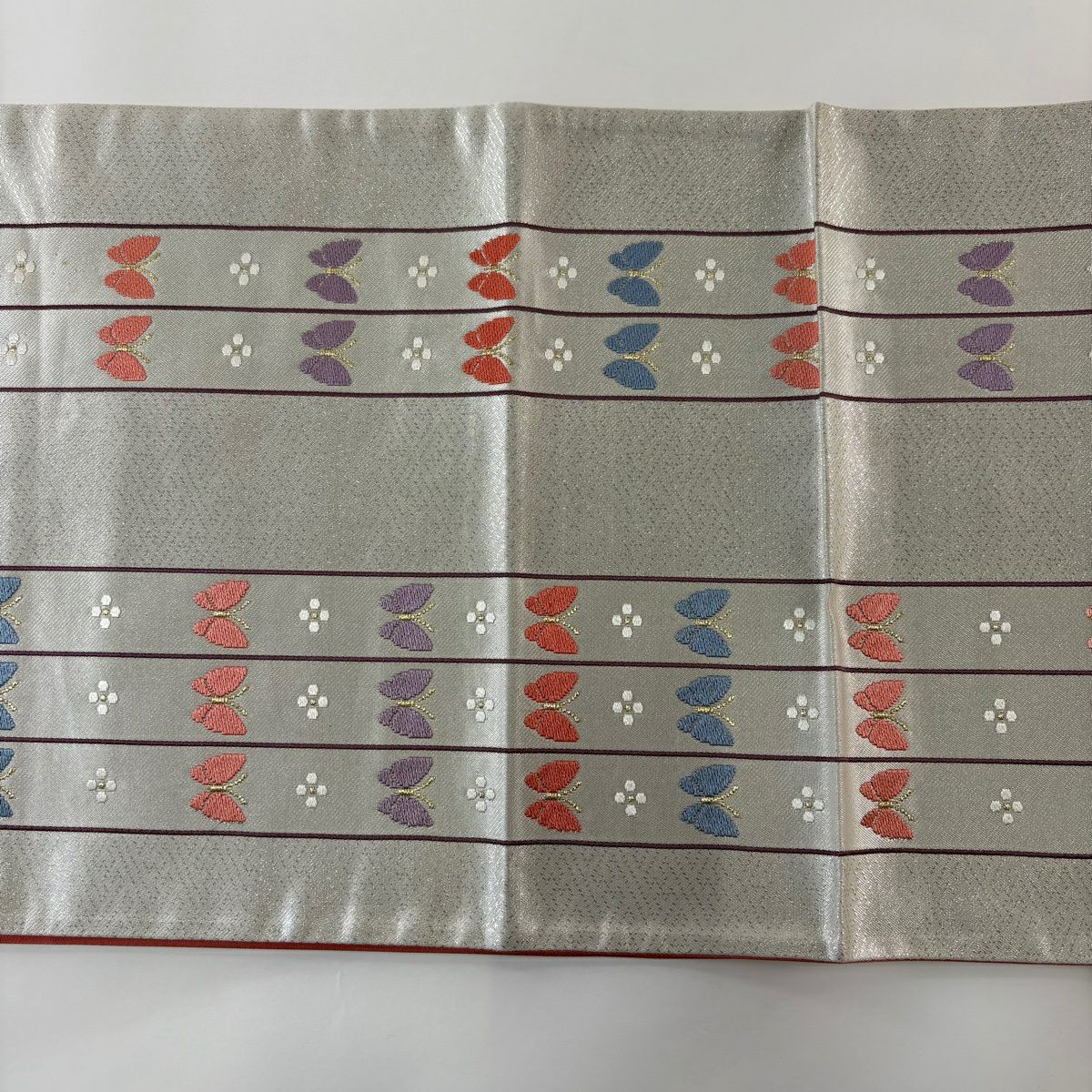 袋帶 秀品級 證明書附帶 蝴蝶 花 金絲 金金箔 銀色 純蠶絲