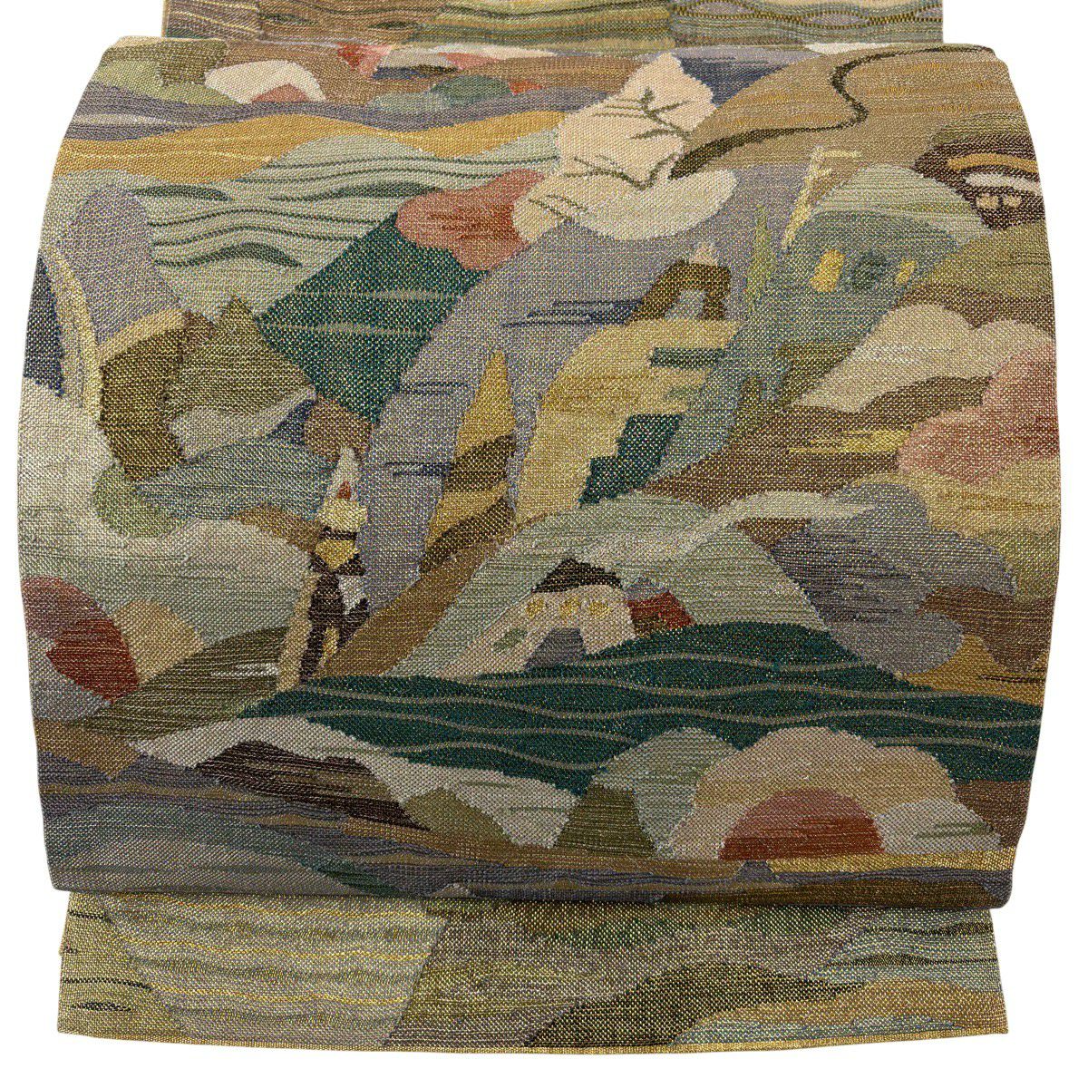 【美品】 袋帶 秀品級 家屋 山並 金銀絲 山吹茶 紅色圖案 純蠶絲
