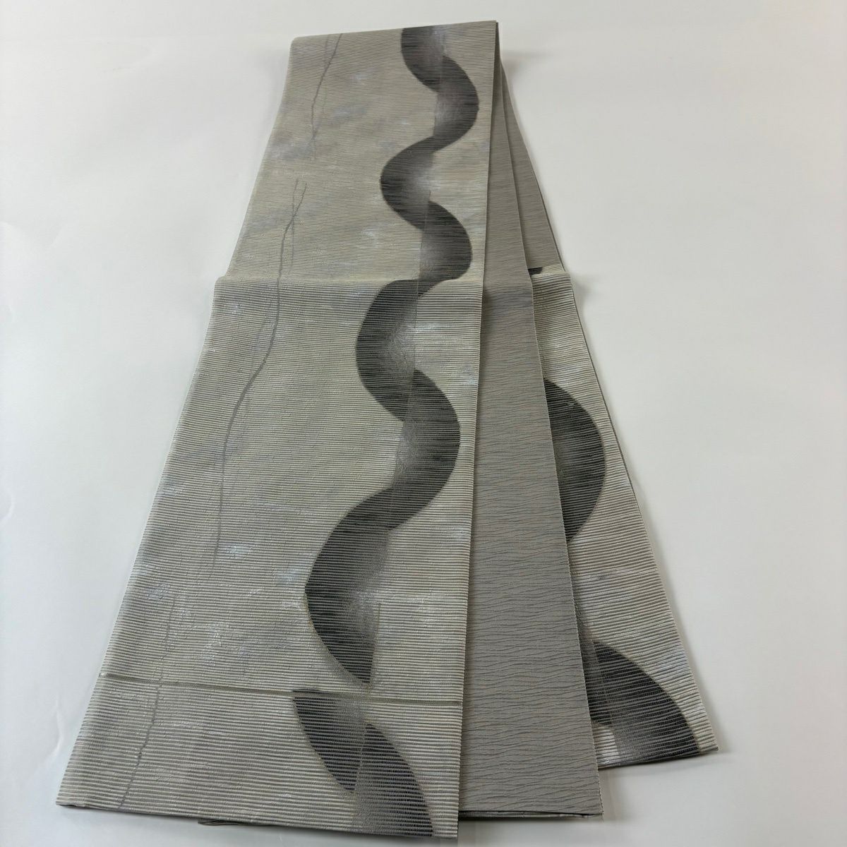 【美品】 袋帶 秀品級 手揉引金箔 幾何圖案 金金箔 灰 深藍 六通 純蠶絲