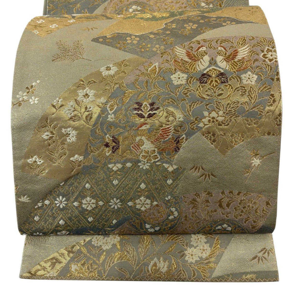【美品】 袋帶 秀品級 關西仕立 花鳥 菱 金絲 金金箔 鶯 深藍 六通 純蠶絲