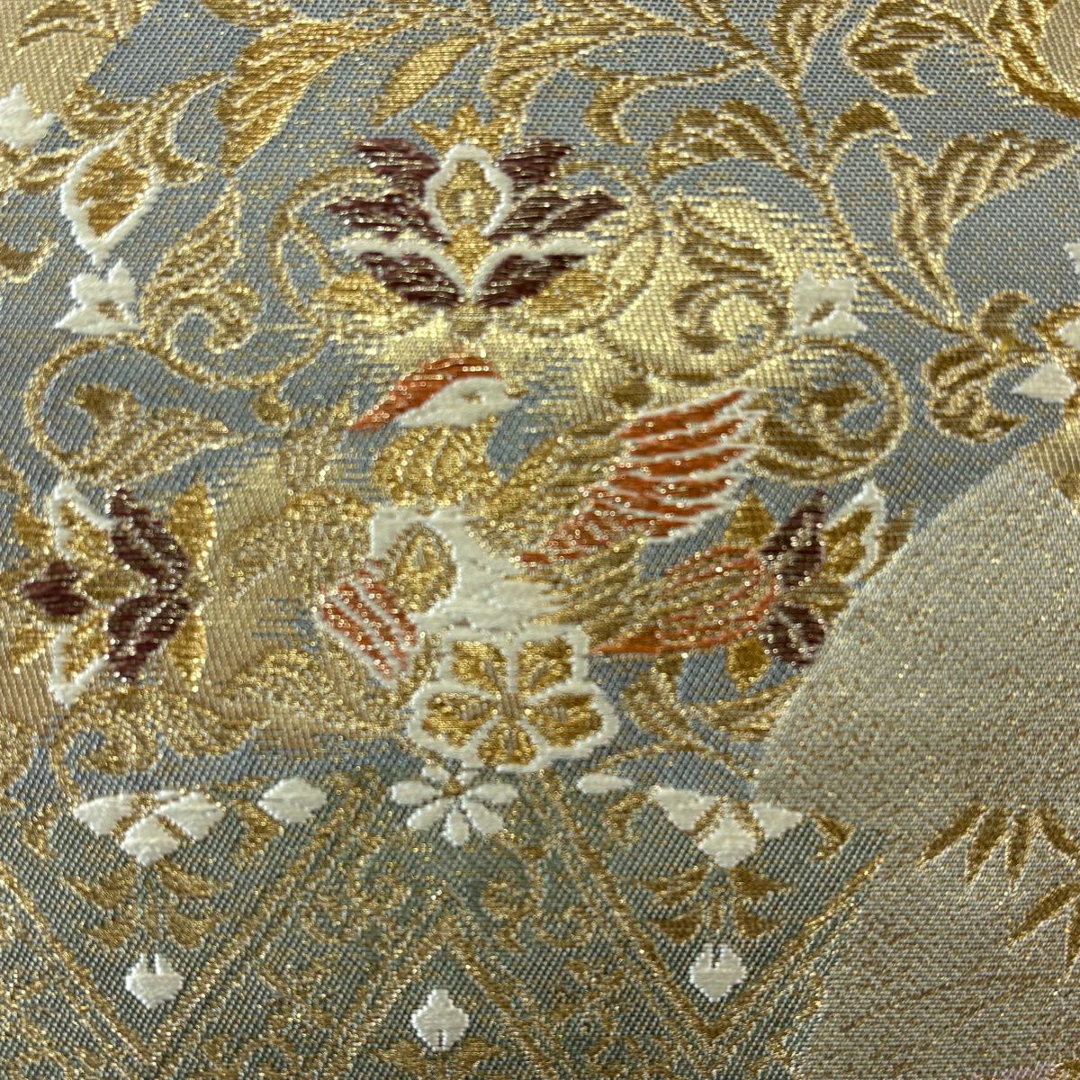 【美品】 袋帶 秀品級 關西仕立 花鳥 菱 金絲 金金箔 鶯 深藍 六通 純蠶絲