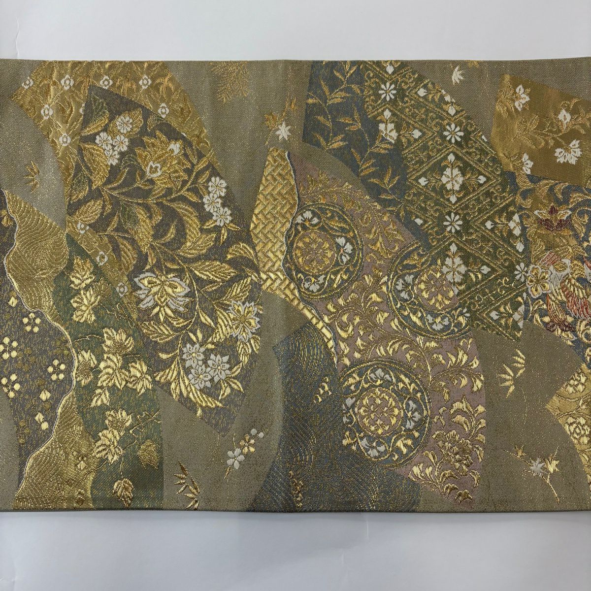 【美品】 袋帶 秀品級 關西仕立 花鳥 菱 金絲 金金箔 鶯 深藍 六通 純蠶絲