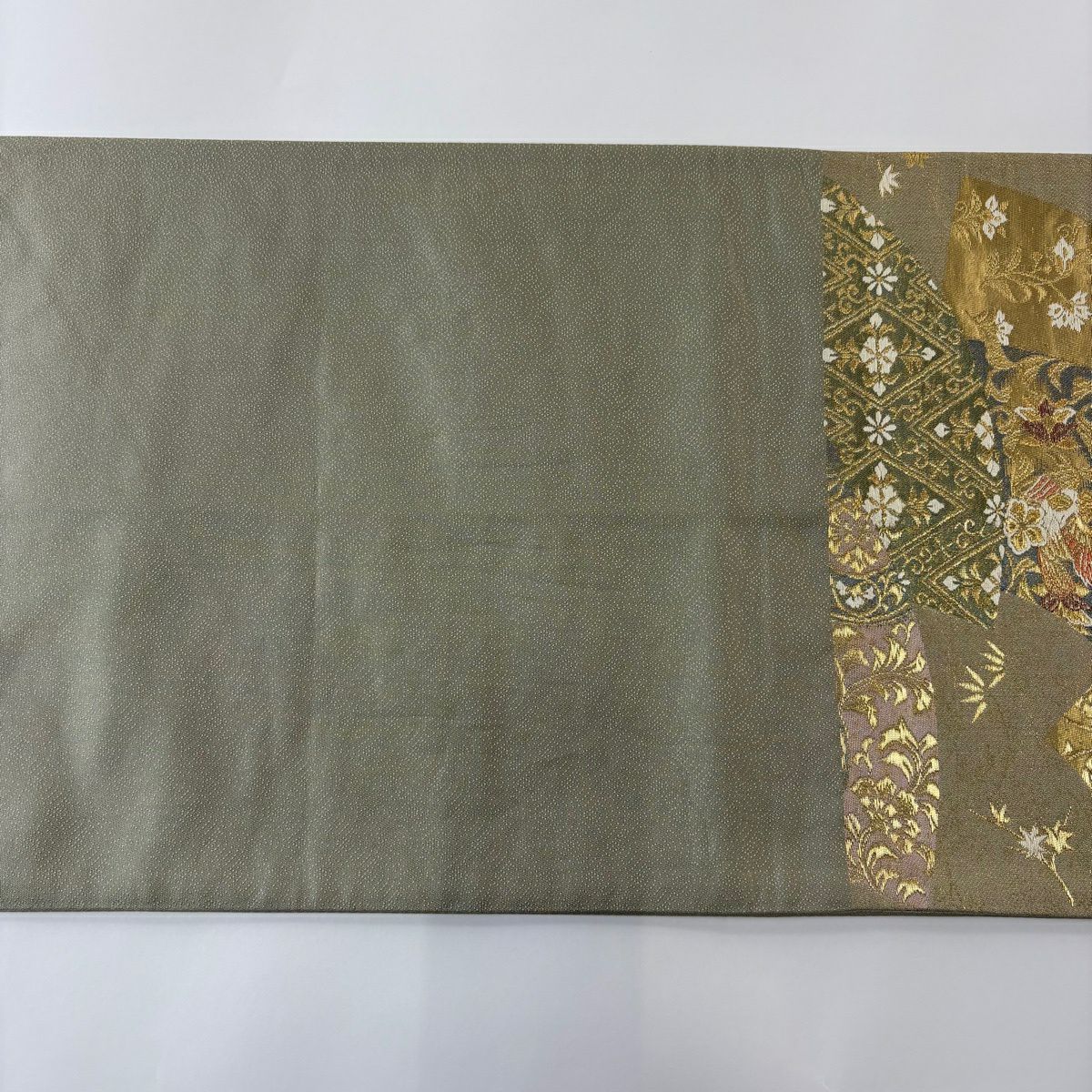 【美品】 袋帶 秀品級 關西仕立 花鳥 菱 金絲 金金箔 鶯 深藍 六通 純蠶絲