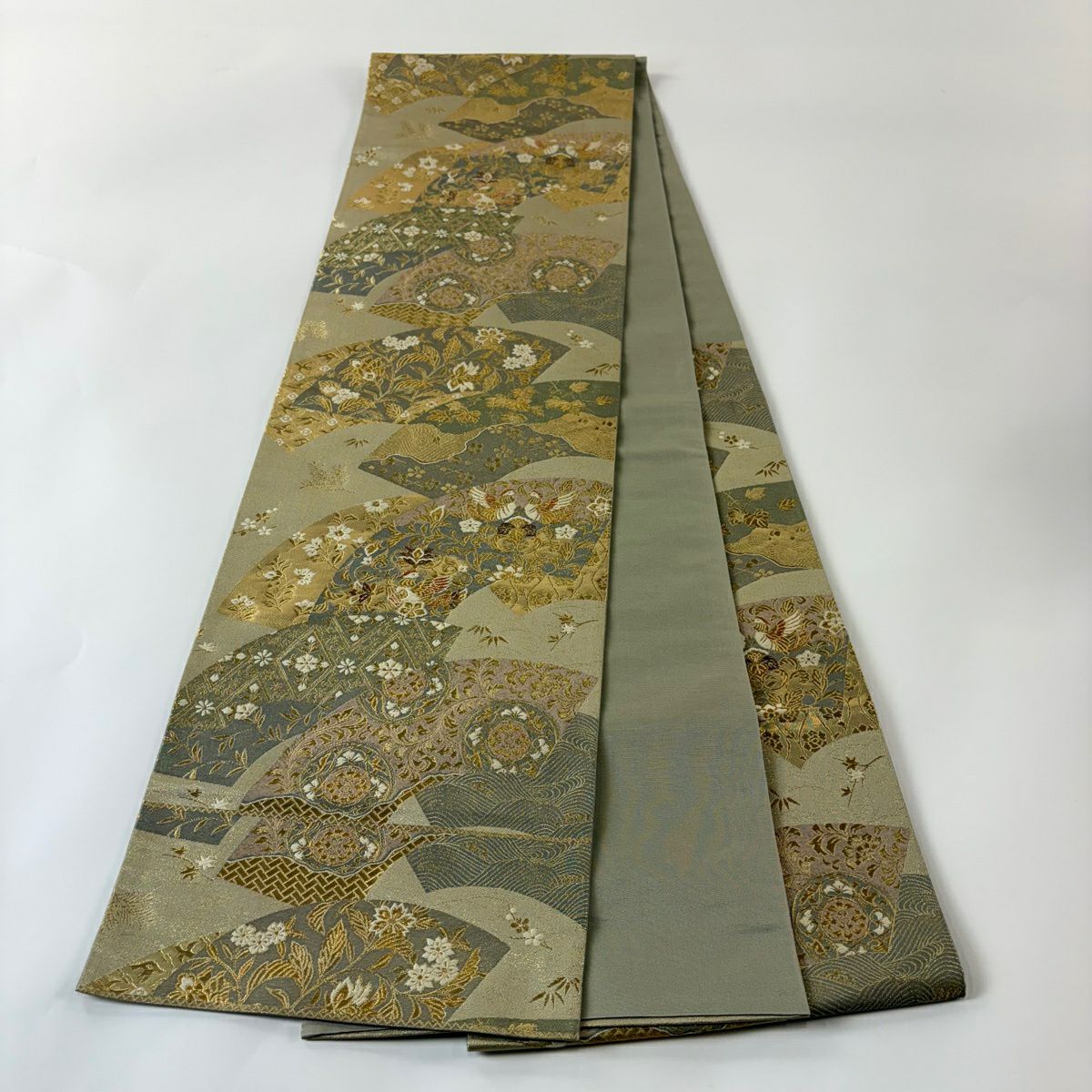 【美品】 袋帶 秀品級 關西仕立 花鳥 菱 金絲 金金箔 鶯 深藍 六通 純蠶絲