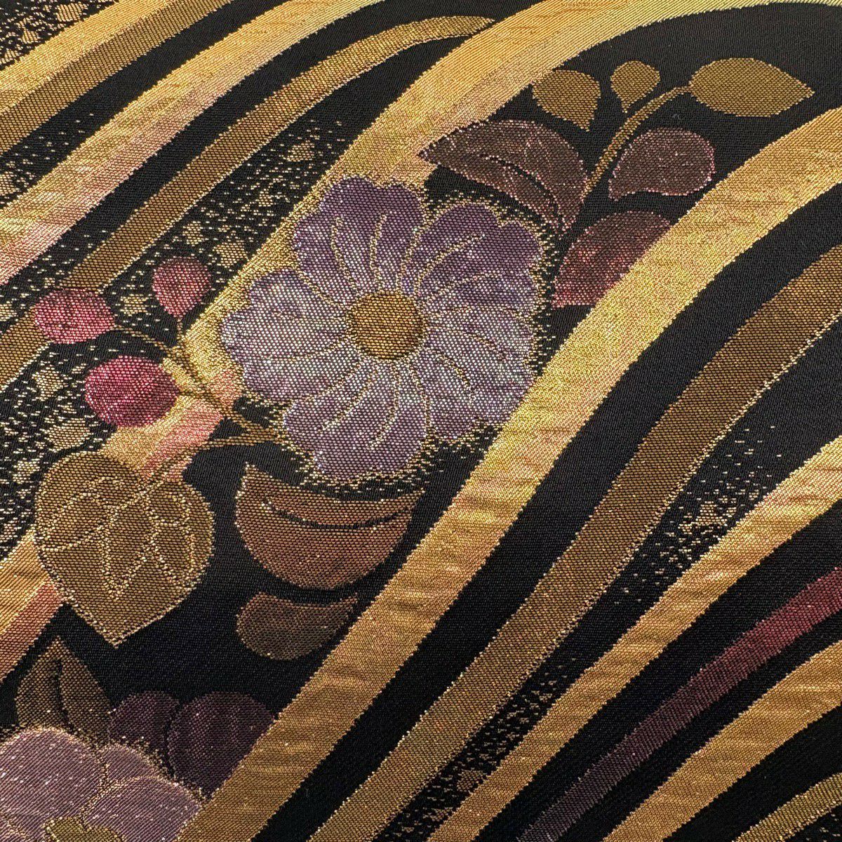 袋帶 秀品級 草花紋紋 波紋 金金箔 黑 六通 純蠶絲