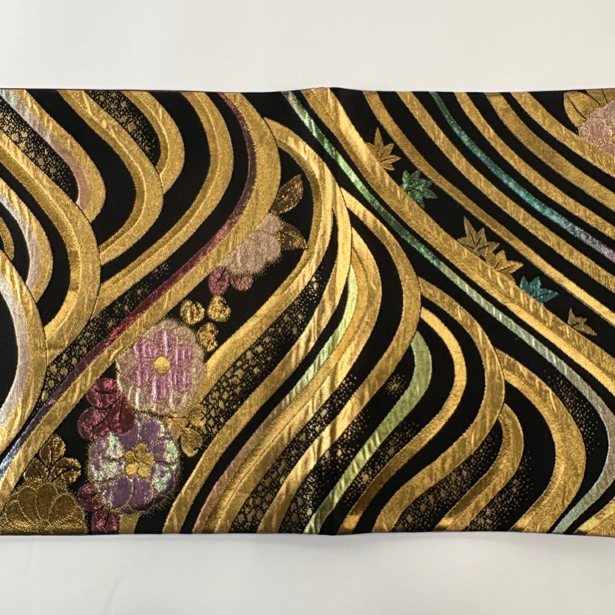 袋帶 秀品級 草花紋紋 波紋 金金箔 黑 六通 純蠶絲