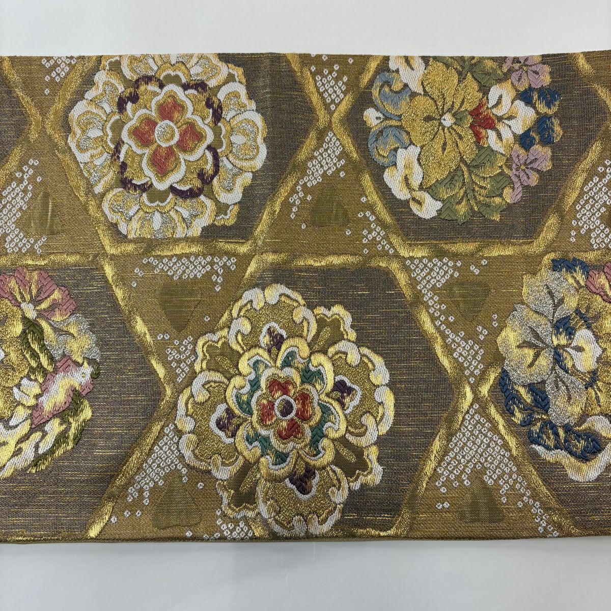 袋帶 秀品級 草花紋紋 鳥 金絲 金金箔 金色 六通 純蠶絲