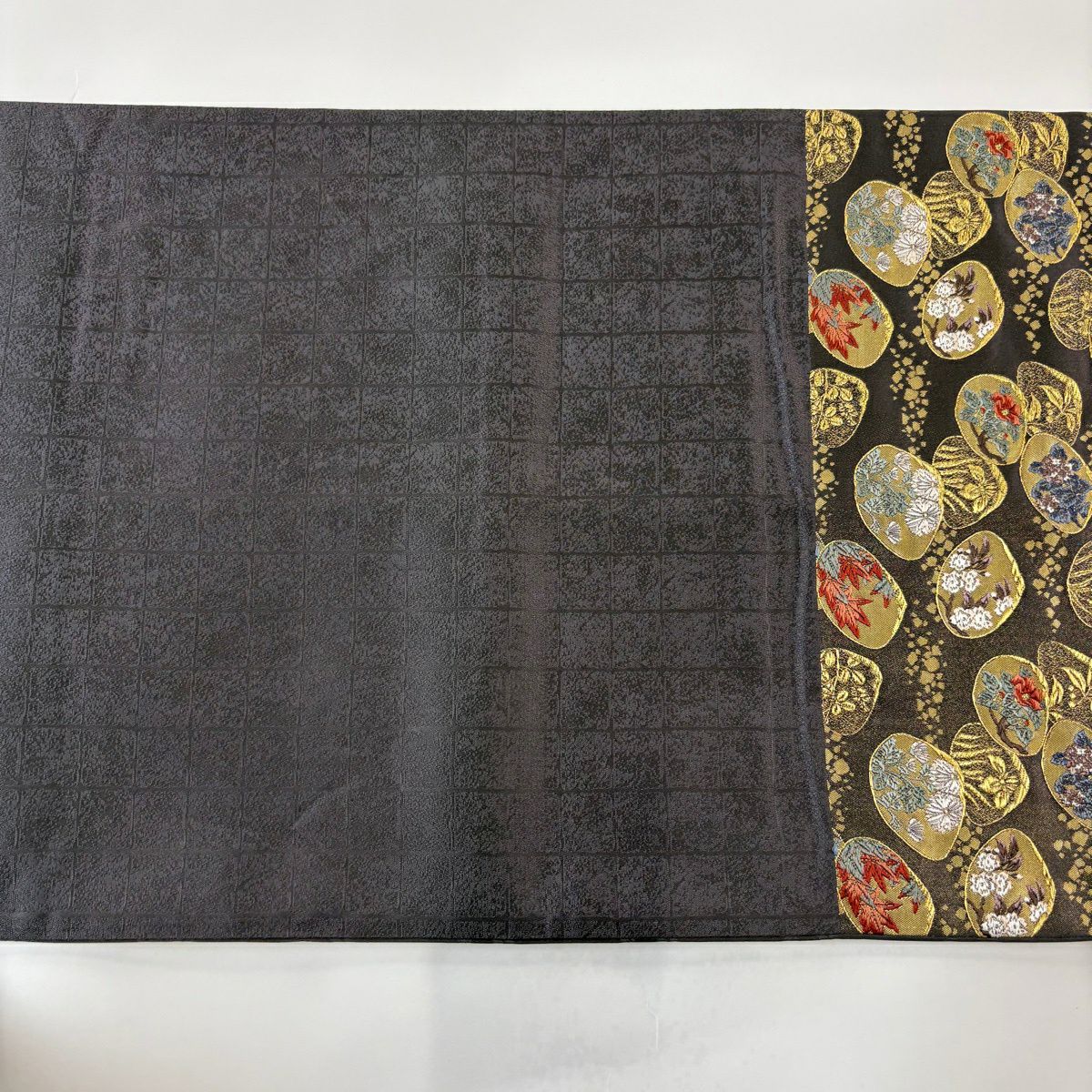 袋帶 秀品級 附有落款 篠屋宗兵衛 貝合わせ 草花紋紋 唐織 金糸 焦茶 六通 純蠶絲