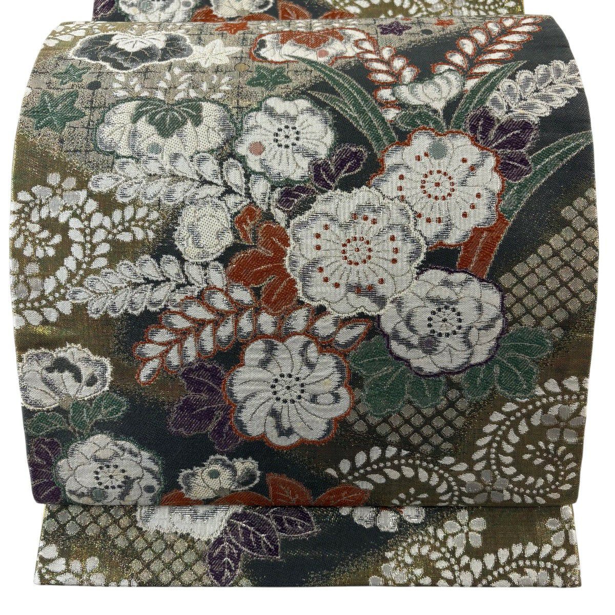 袋帶 秀品級 草花紋紋 桐 金金箔 綠 六通 純蠶絲