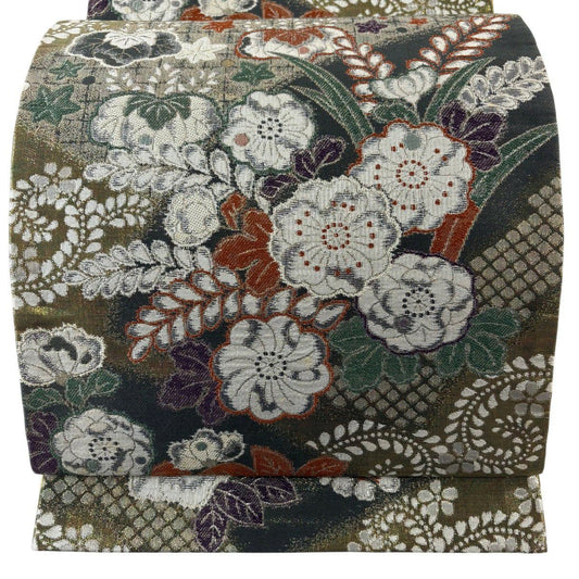 袋帶 秀品級 草花紋紋 桐 金金箔 綠 六通 純蠶絲