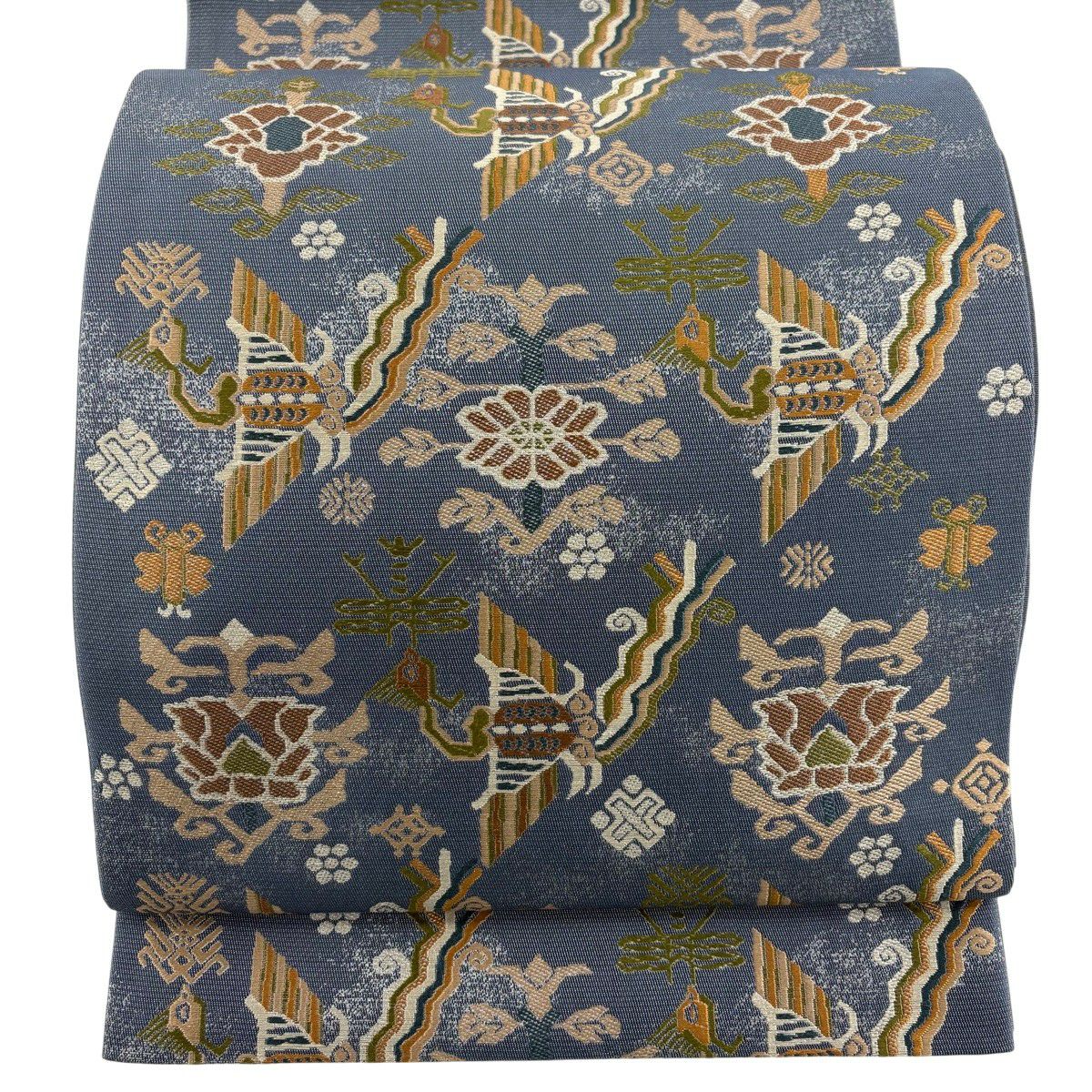 【美品】 袋帶 秀品級 草花紋紋 鳥 青灰 深藍色 六通 純蠶絲