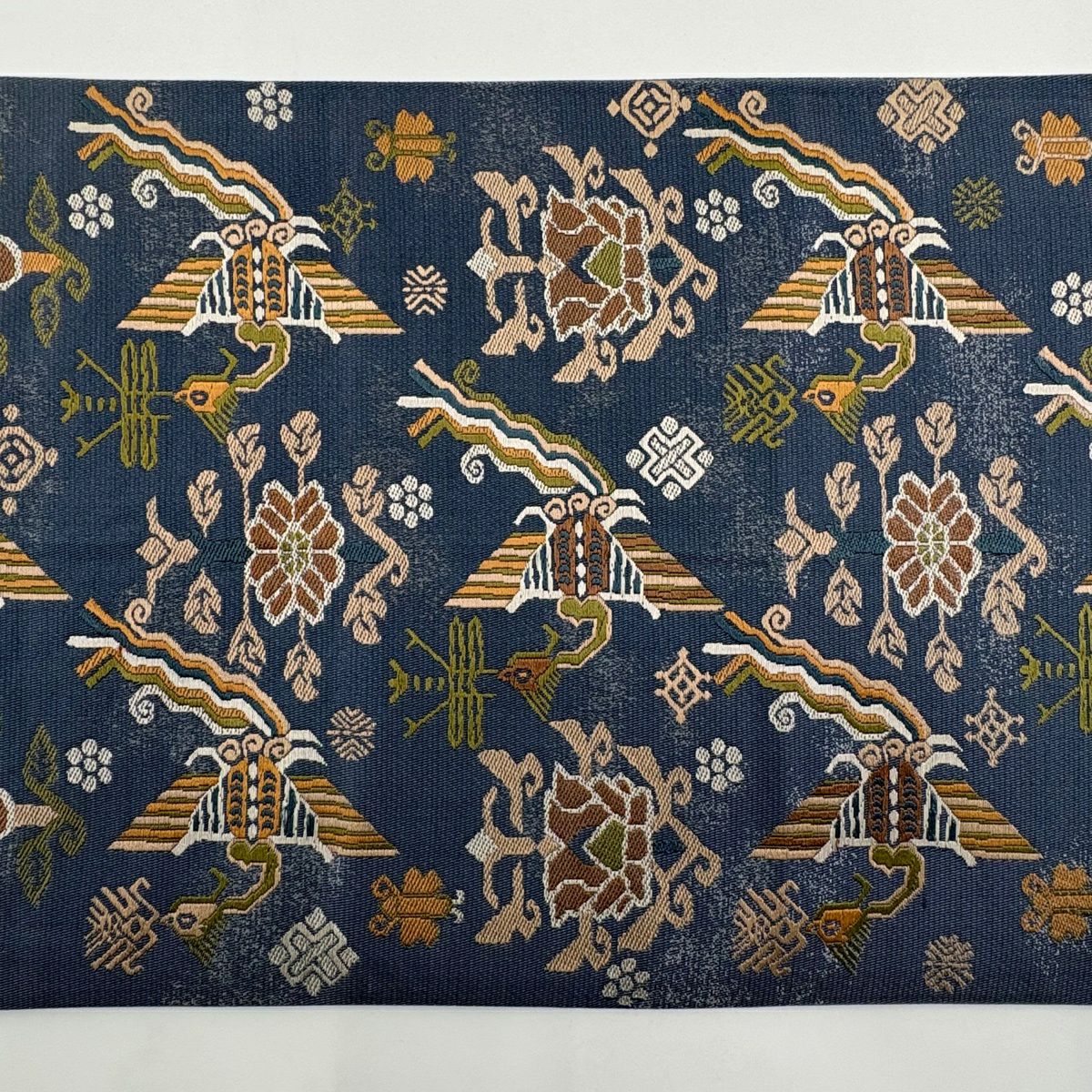 【美品】 袋帶 秀品級 草花紋紋 鳥 青灰 深藍色 六通 純蠶絲