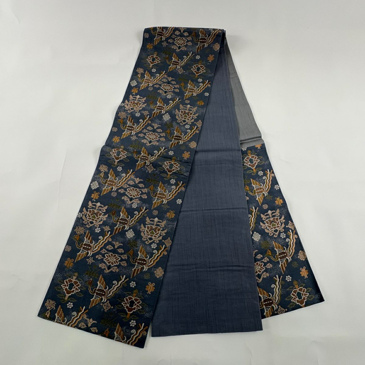【美品】 袋帶 秀品級 草花紋紋 鳥 青灰 深藍色 六通 純蠶絲