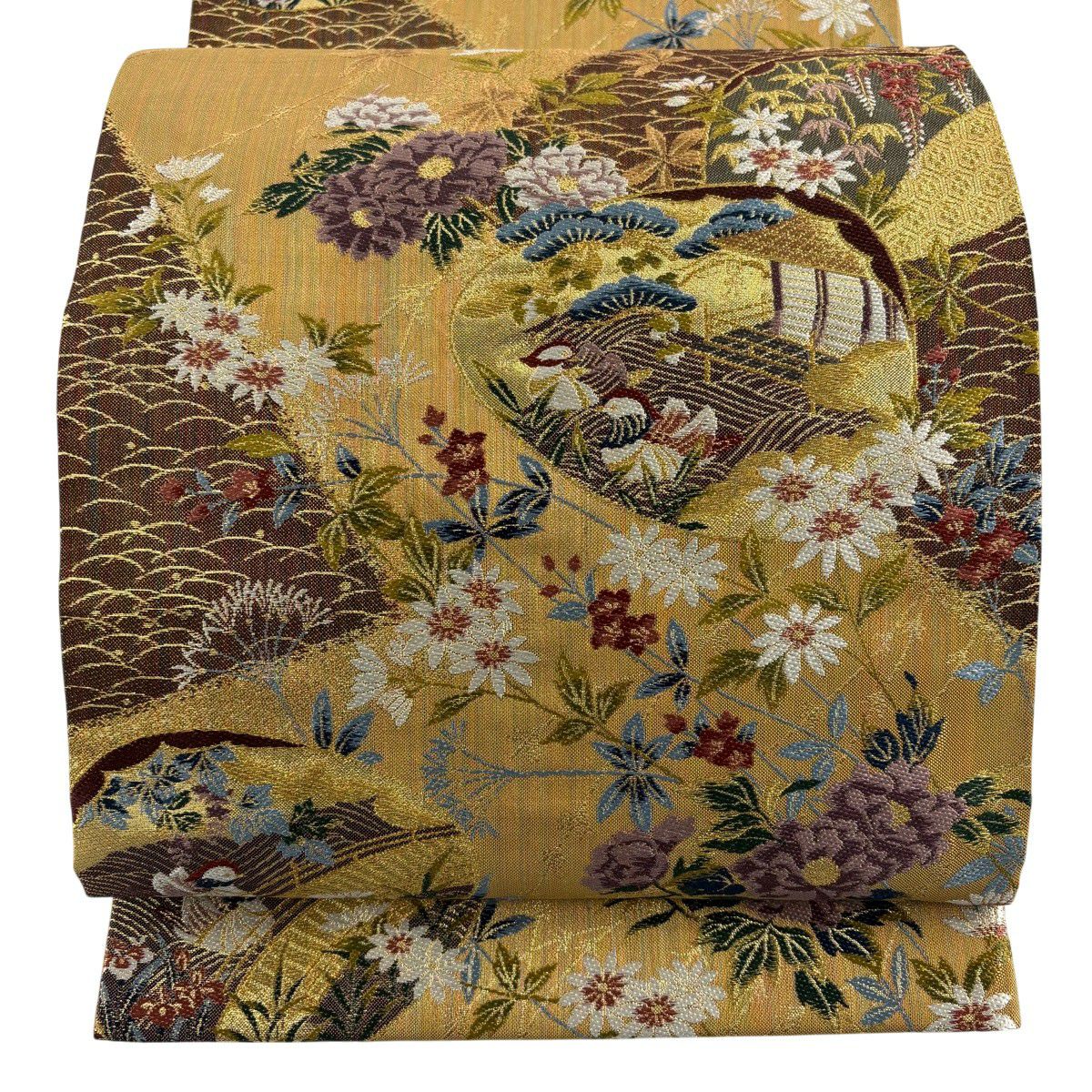【美品】 袋帶 秀品級 貝合わせ 鴛鴦 金糸 金金箔 黃土 深藍色 六通 純蠶絲