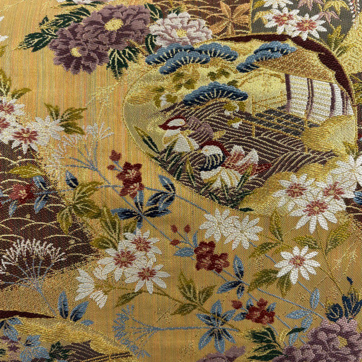 【美品】 袋帶 秀品級 貝合わせ 鴛鴦 金糸 金金箔 黃土 深藍色 六通 純蠶絲
