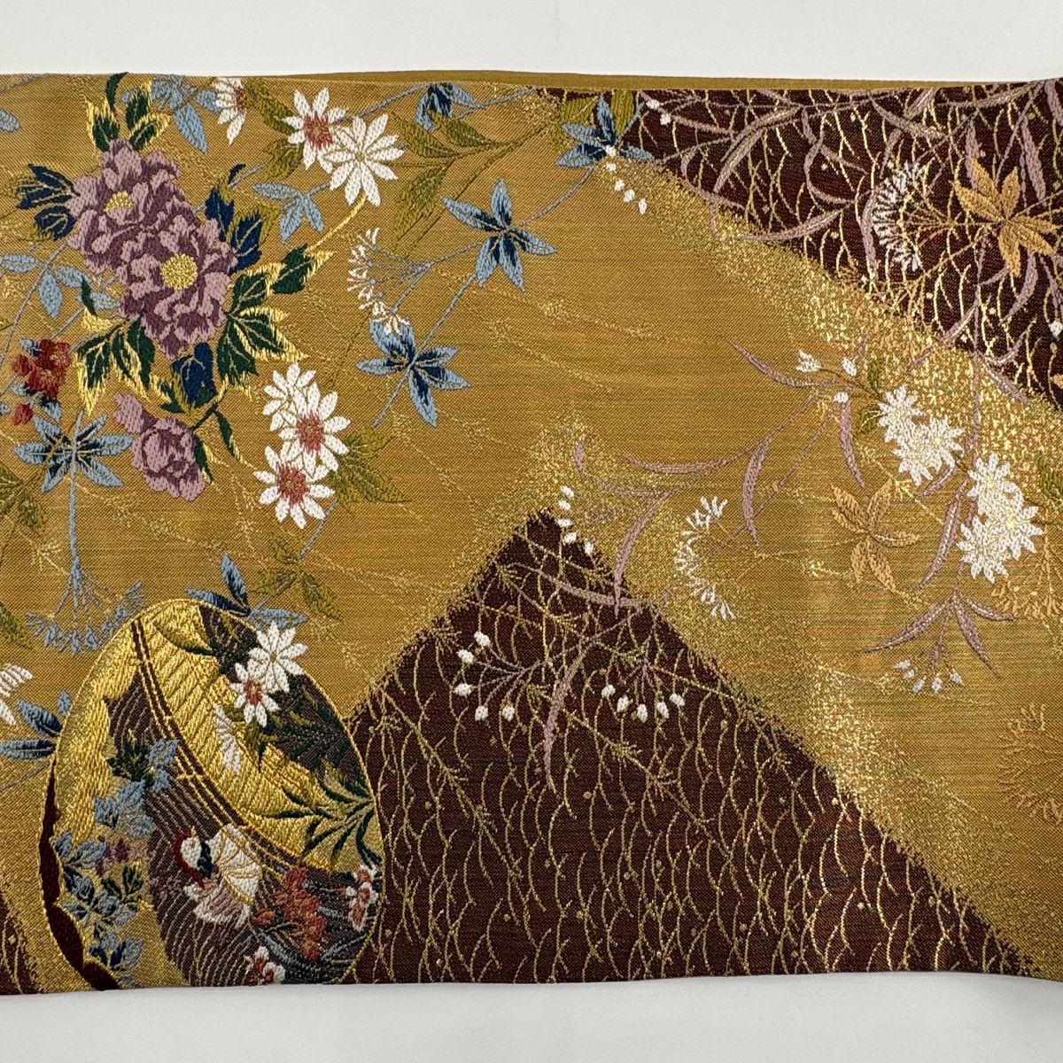 【美品】 袋帶 秀品級 貝合わせ 鴛鴦 金糸 金金箔 黃土 深藍色 六通 純蠶絲