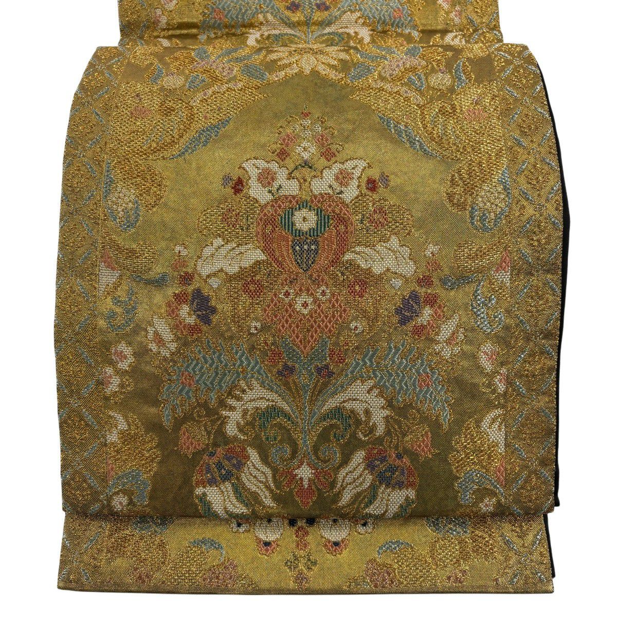 【美品】 袋帶 秀品級 草花紋 金糸 金金箔 金 六通 純蠶絲