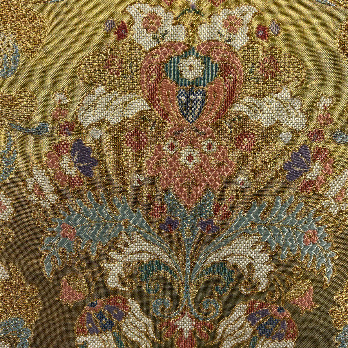 【美品】 袋帶 秀品級 草花紋 金糸 金金箔 金 六通 純蠶絲