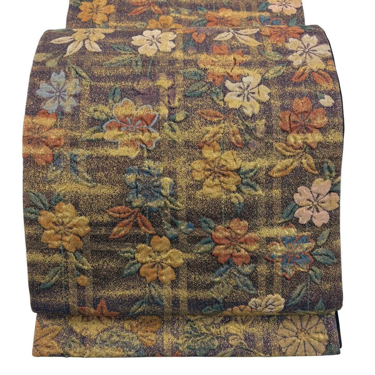 【美品】 袋帶 秀品級 櫻花 格子 金金箔 金彩裝飾 紫色 六通 純蠶絲