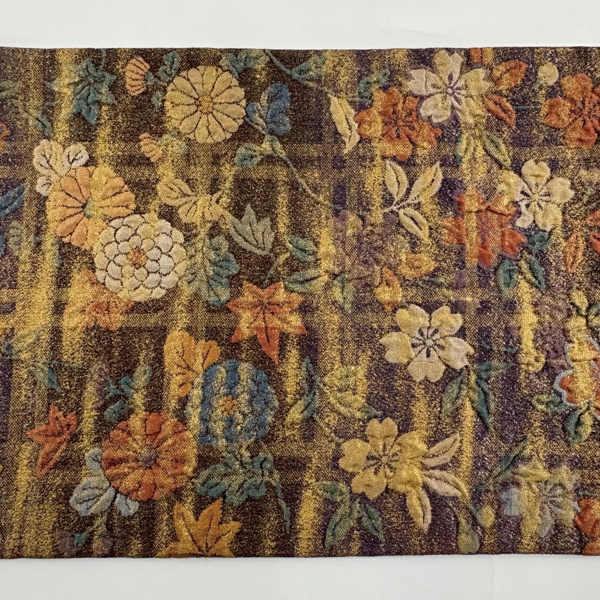 【美品】 袋帶 秀品級 櫻花 格子 金金箔 金彩裝飾 紫色 六通 純蠶絲