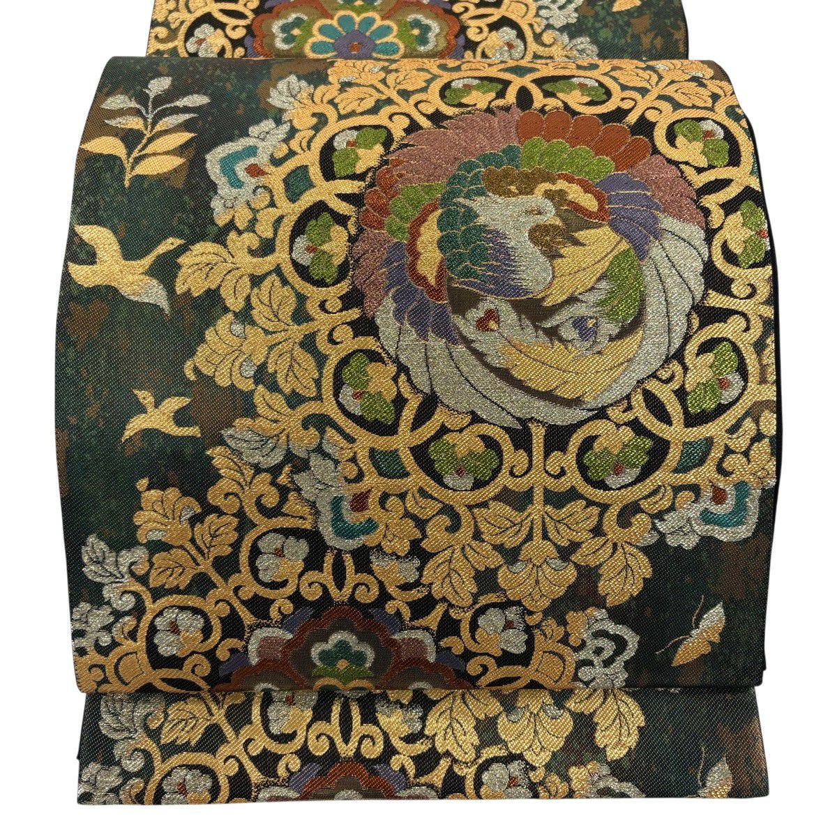 【美品】 袋帶 秀品級 華紋 鳳凰 金絲 金金箔 深綠 六通 純蠶絲