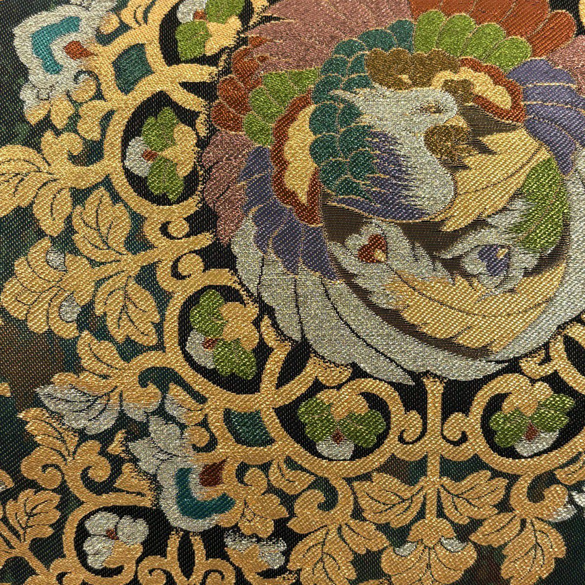 【美品】 袋帶 秀品級 華紋 鳳凰 金絲 金金箔 深綠 六通 純蠶絲