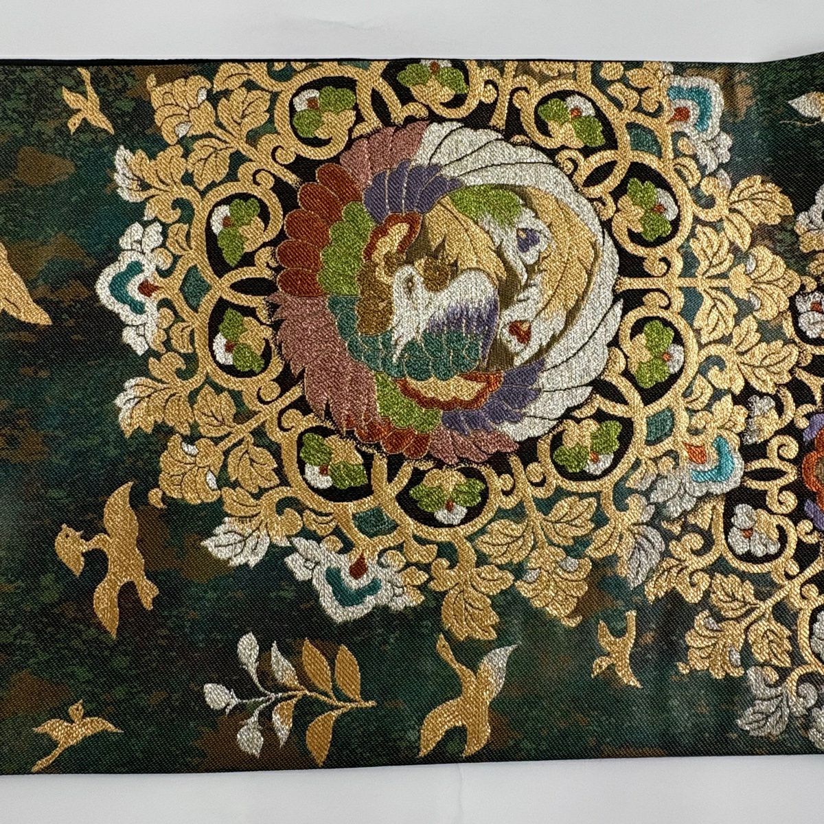 【美品】 袋帶 秀品級 華紋 鳳凰 金絲 金金箔 深綠 六通 純蠶絲