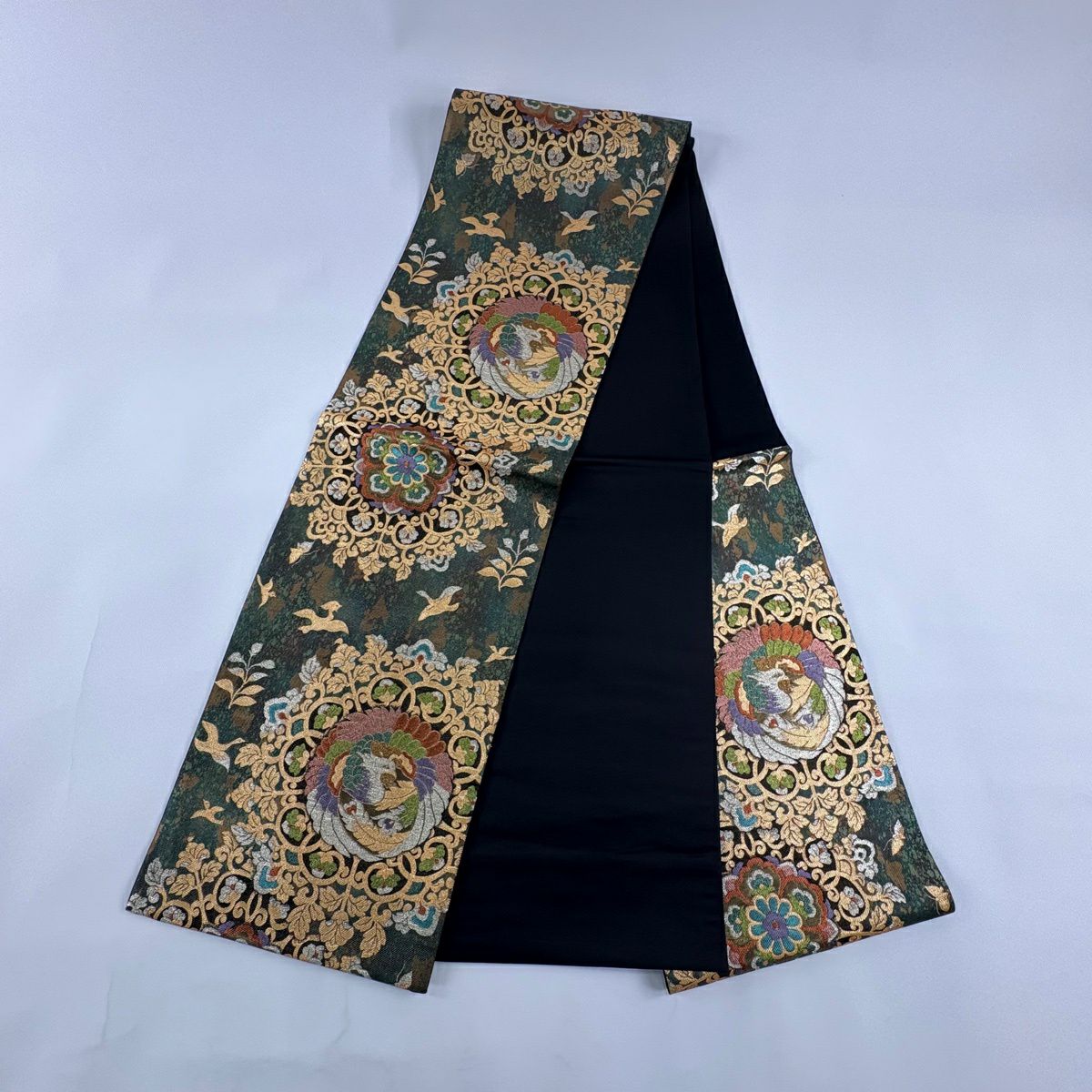【美品】 袋帶 秀品級 華紋 鳳凰 金絲 金金箔 深綠 六通 純蠶絲