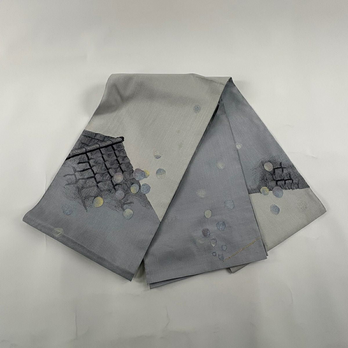 袋帶 秀品級 附落款 香皂泡屋頂 銀線 青灰色 大鼓圖案 純蠶絲