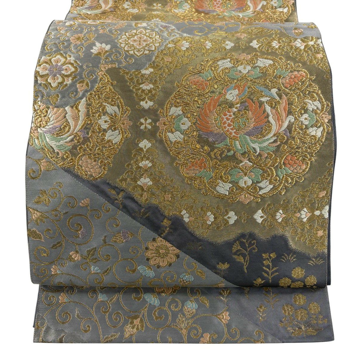 【美品】 袋帶 秀品級 服部織物 落款あり 華紋 鳳凰 金糸 金金箔 灰色 六通 純蠶絲