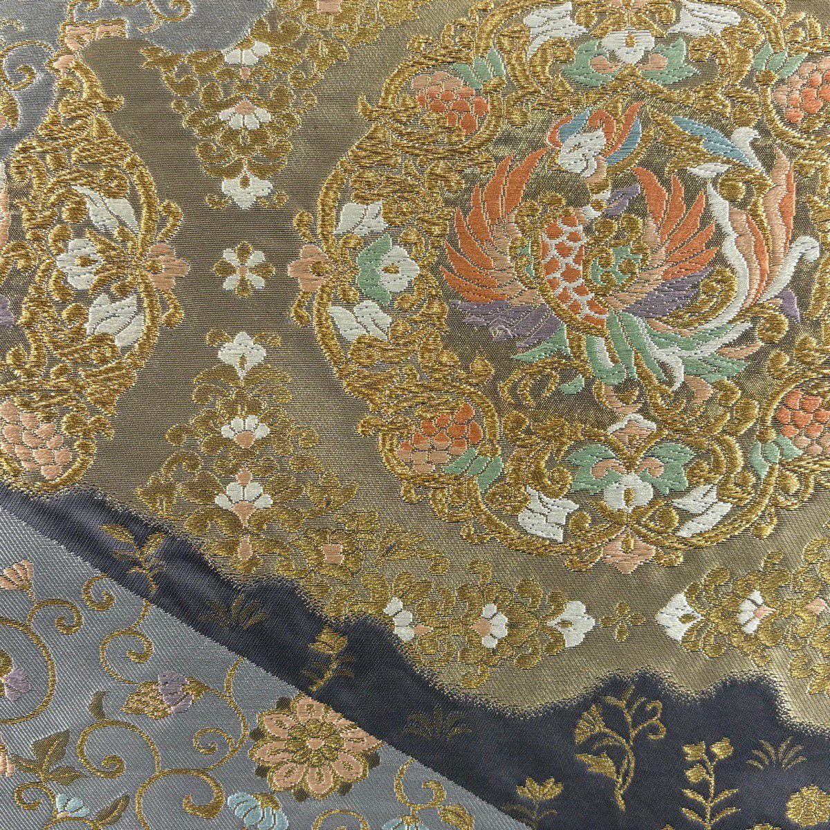【美品】 袋帶 秀品級 服部織物 落款あり 華紋 鳳凰 金糸 金金箔 灰色 六通 純蠶絲
