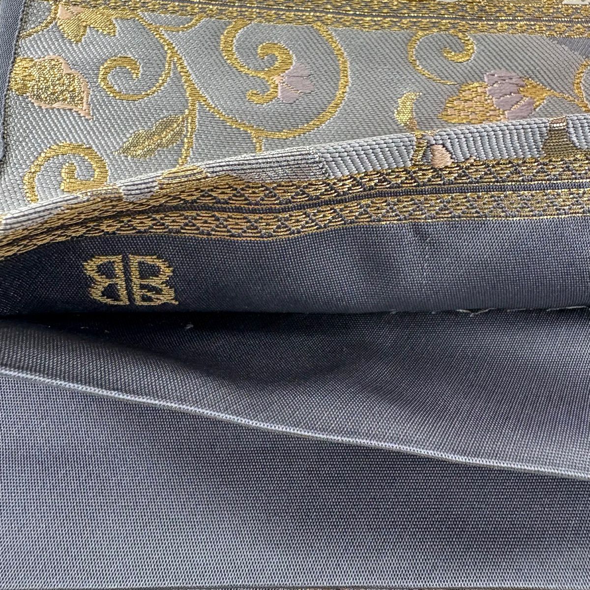 【美品】 袋帶 秀品級 服部織物 落款あり 華紋 鳳凰 金糸 金金箔 灰色 六通 純蠶絲
