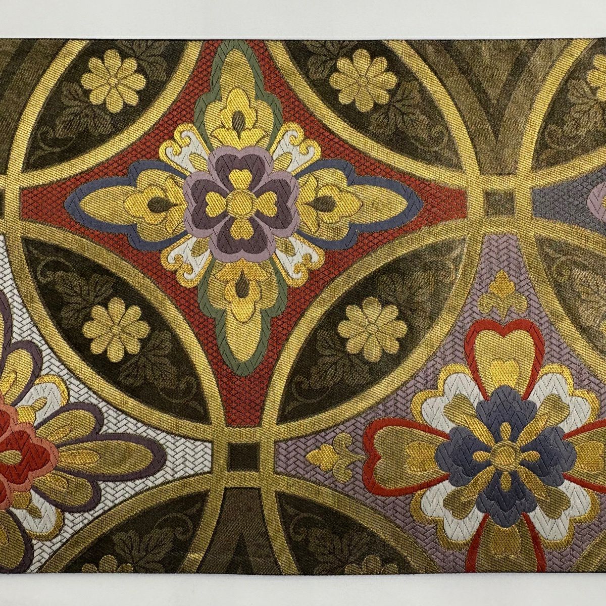 【美品】 袋帶 秀品級 七寶華紋 金絲 金金箔 金茶 六通 純蠶絲