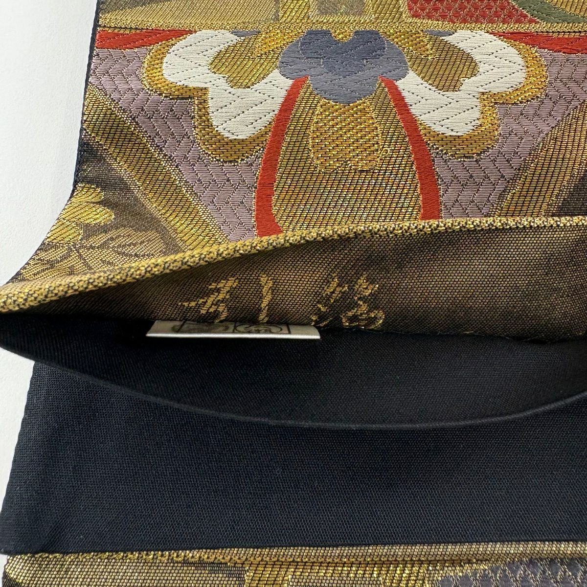 【美品】 袋帶 秀品級 七寶華紋 金絲 金金箔 金茶 六通 純蠶絲