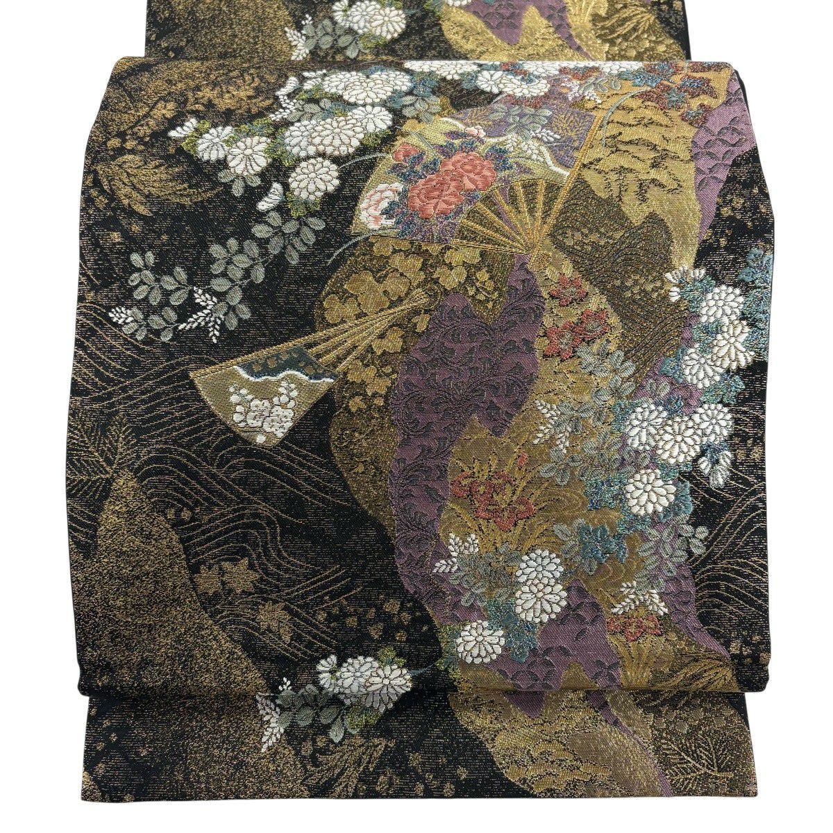 【美品】 袋帶 秀品級 扇子 草花紋 金糸 金金箔 黑 六通 純蠶絲