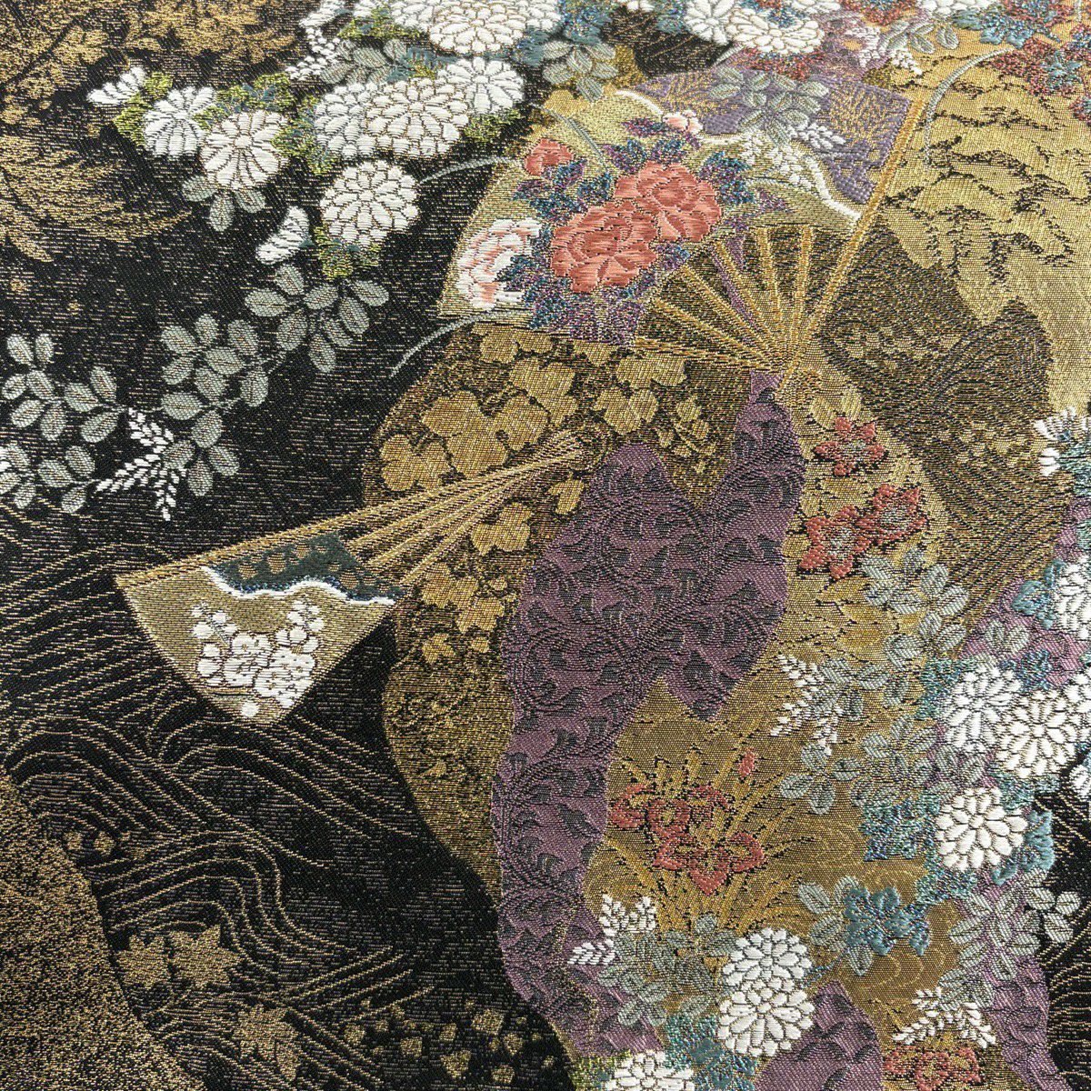 【美品】 袋帶 秀品級 扇子 草花紋 金糸 金金箔 黑 六通 純蠶絲